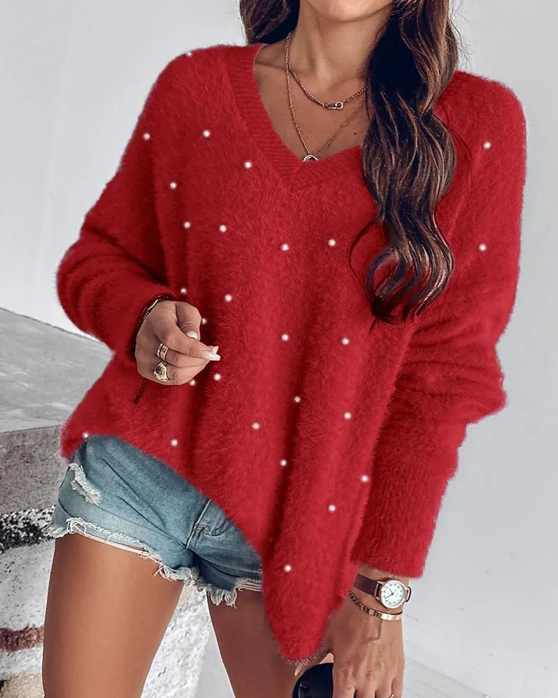 ChicMe Womens Cozy Sweaters V-Neck Beaded Decor Oversized Fuzzy Sweater Fluffy Pullover Top Winter Jumpers