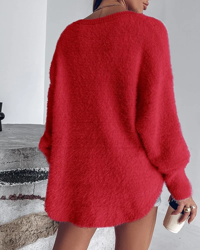 ChicMe Womens Cozy Sweaters V-Neck Beaded Decor Oversized Fuzzy Sweater Fluffy Pullover Top Winter Jumpers