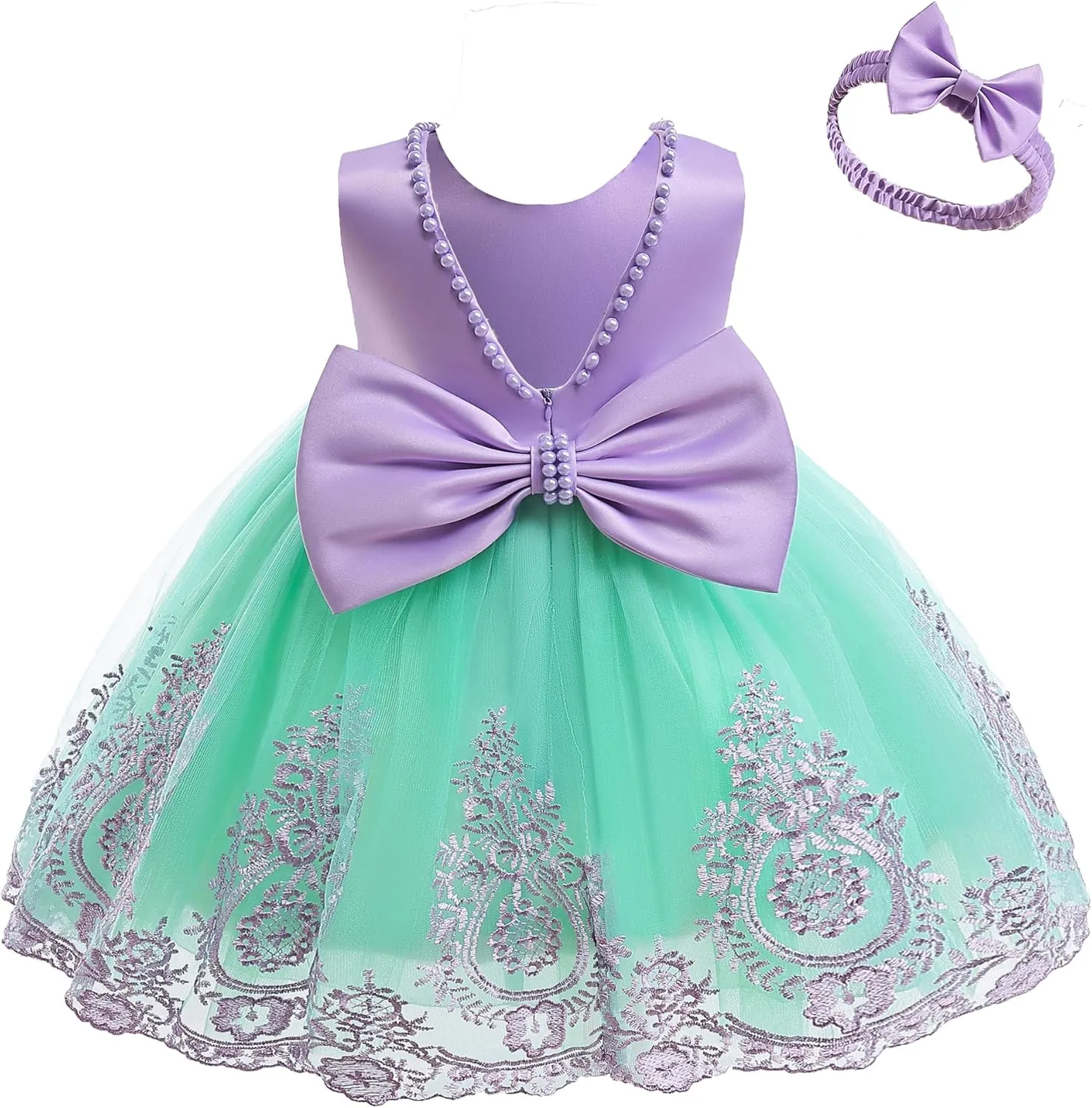 CMMCHAAH 6M-7T Baby Girls Pageant Lace Embroidery Dresses Toddler Backless Dress with Headwear