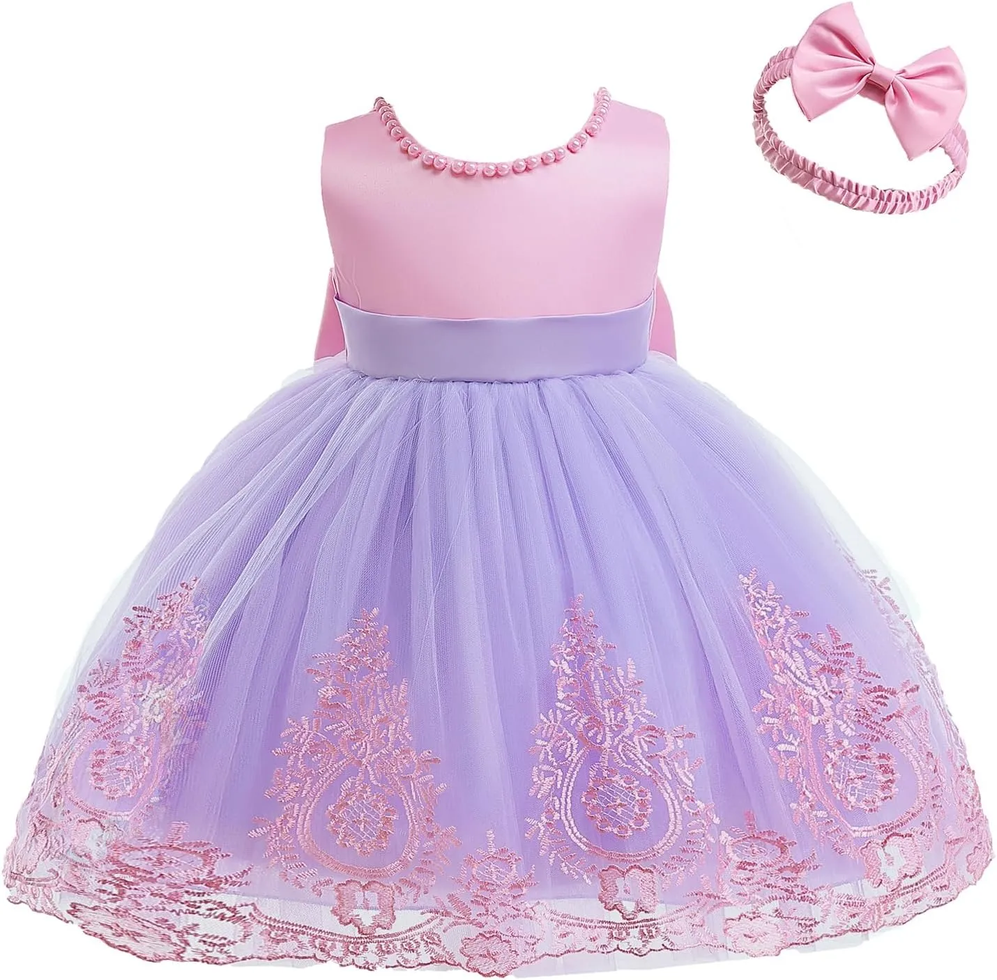 CMMCHAAH 6M-7T Baby Girls Pageant Lace Embroidery Dresses Toddler Backless Dress with Headwear