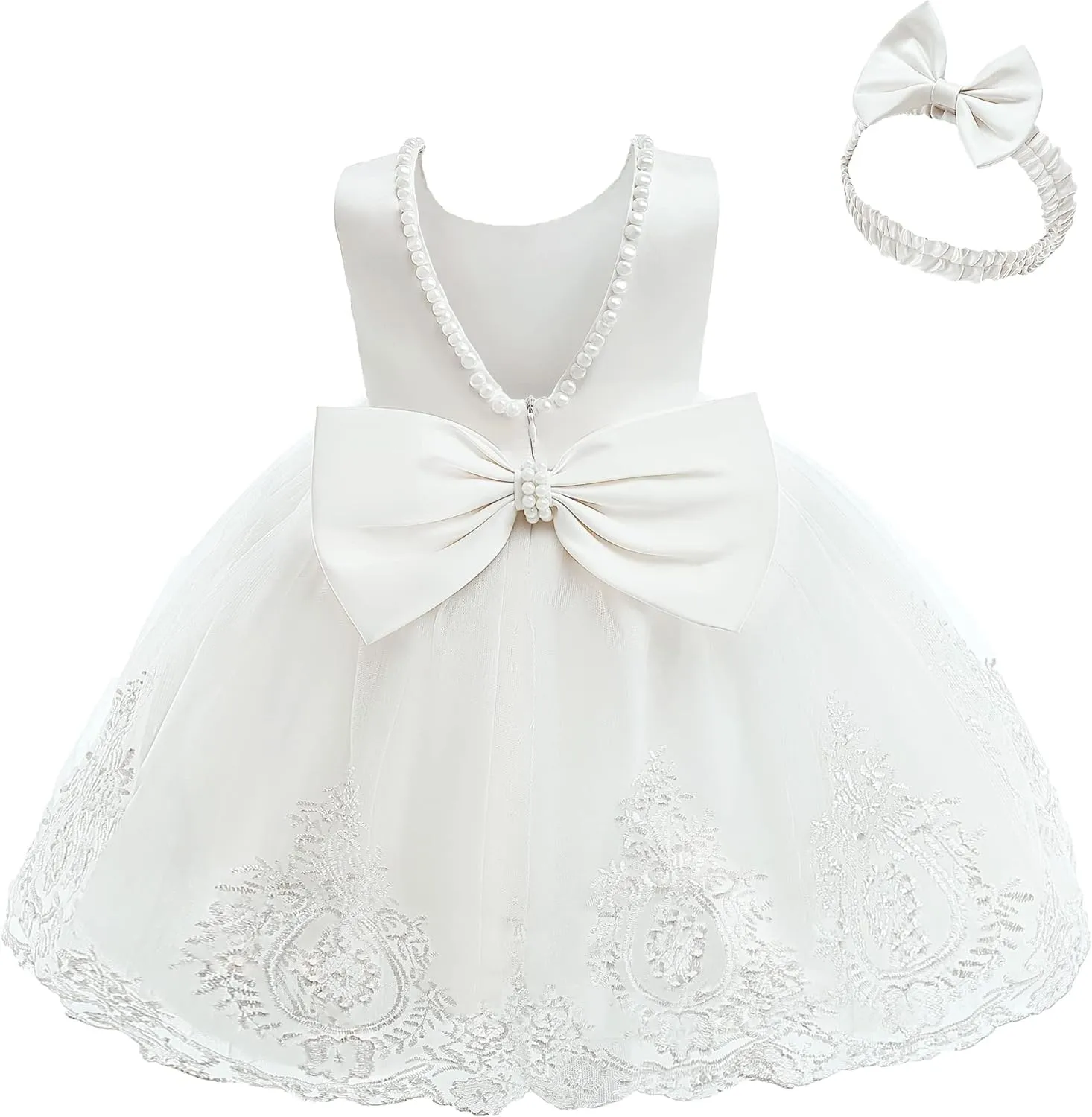 CMMCHAAH 6M-7T Baby Girls Pageant Lace Embroidery Dresses Toddler Backless Dress with Headwear