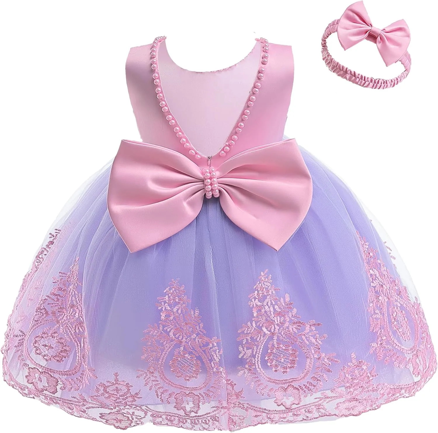 CMMCHAAH 6M-7T Baby Girls Pageant Lace Embroidery Dresses Toddler Backless Dress with Headwear