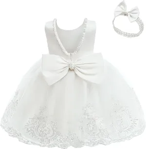 CMMCHAAH 6M-7T Baby Girls Pageant Lace Embroidery Dresses Toddler Backless Dress with Headwear