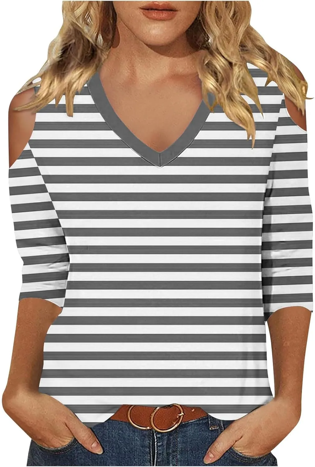 Cold Shoulder Tops for Women Summer Casual Off Shoulder Shirts Stripes Printed 3/4 Sleeve Tunics Loose Blouses