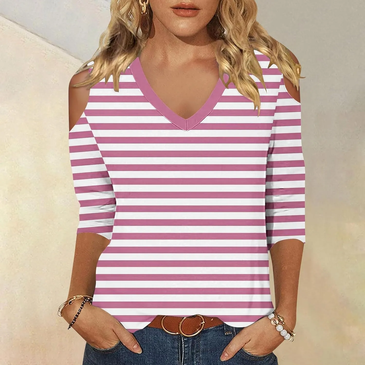 Cold Shoulder Tops for Women Summer Casual Off Shoulder Shirts Stripes Printed 3/4 Sleeve Tunics Loose Blouses