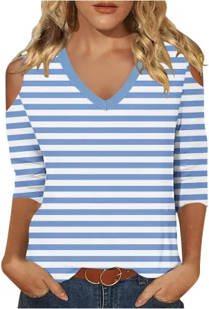 Cold Shoulder Tops for Women Summer Casual Off Shoulder Shirts Stripes Printed 3/4 Sleeve Tunics Loose Blouses