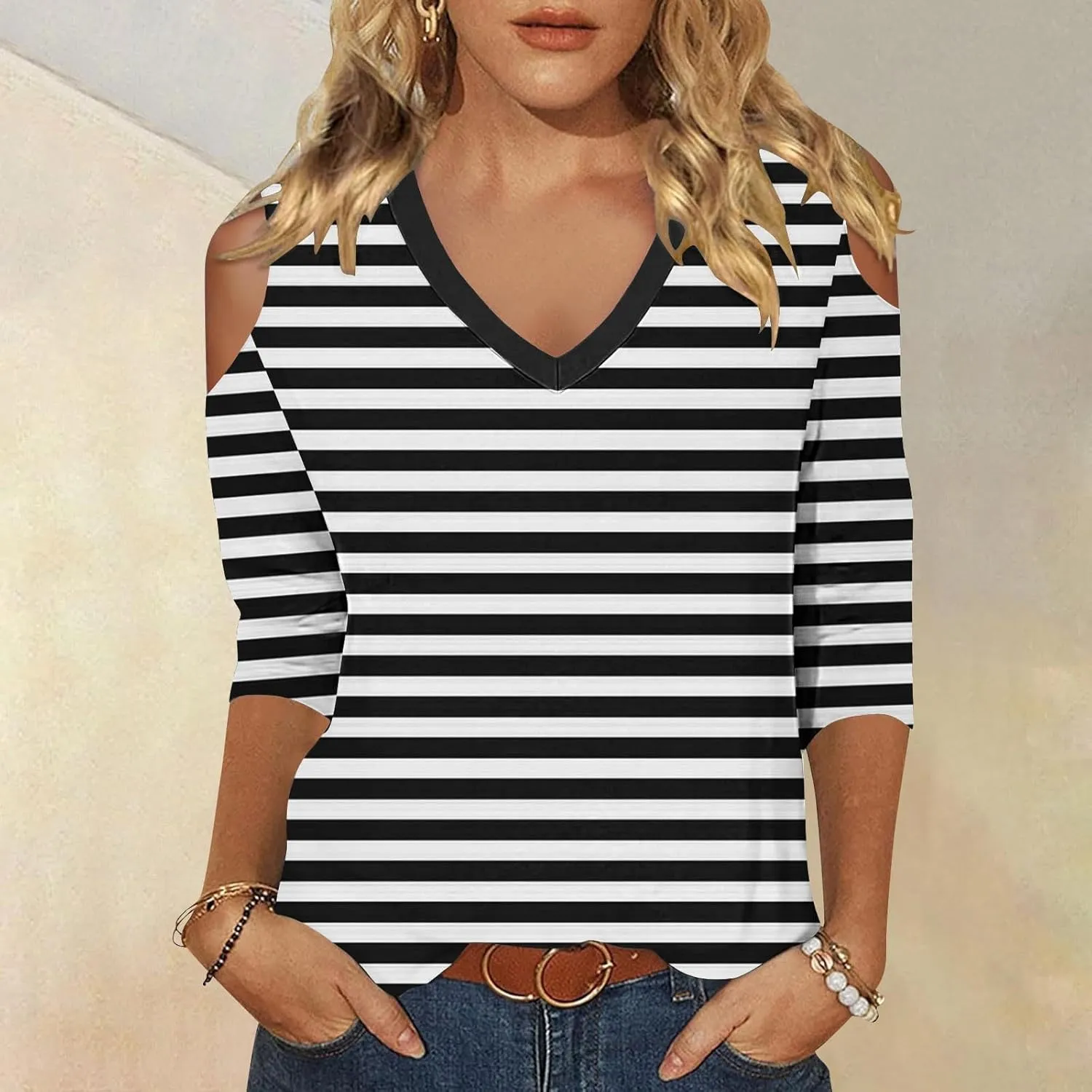 Cold Shoulder Tops for Women Summer Casual Off Shoulder Shirts Stripes Printed 3/4 Sleeve Tunics Loose Blouses