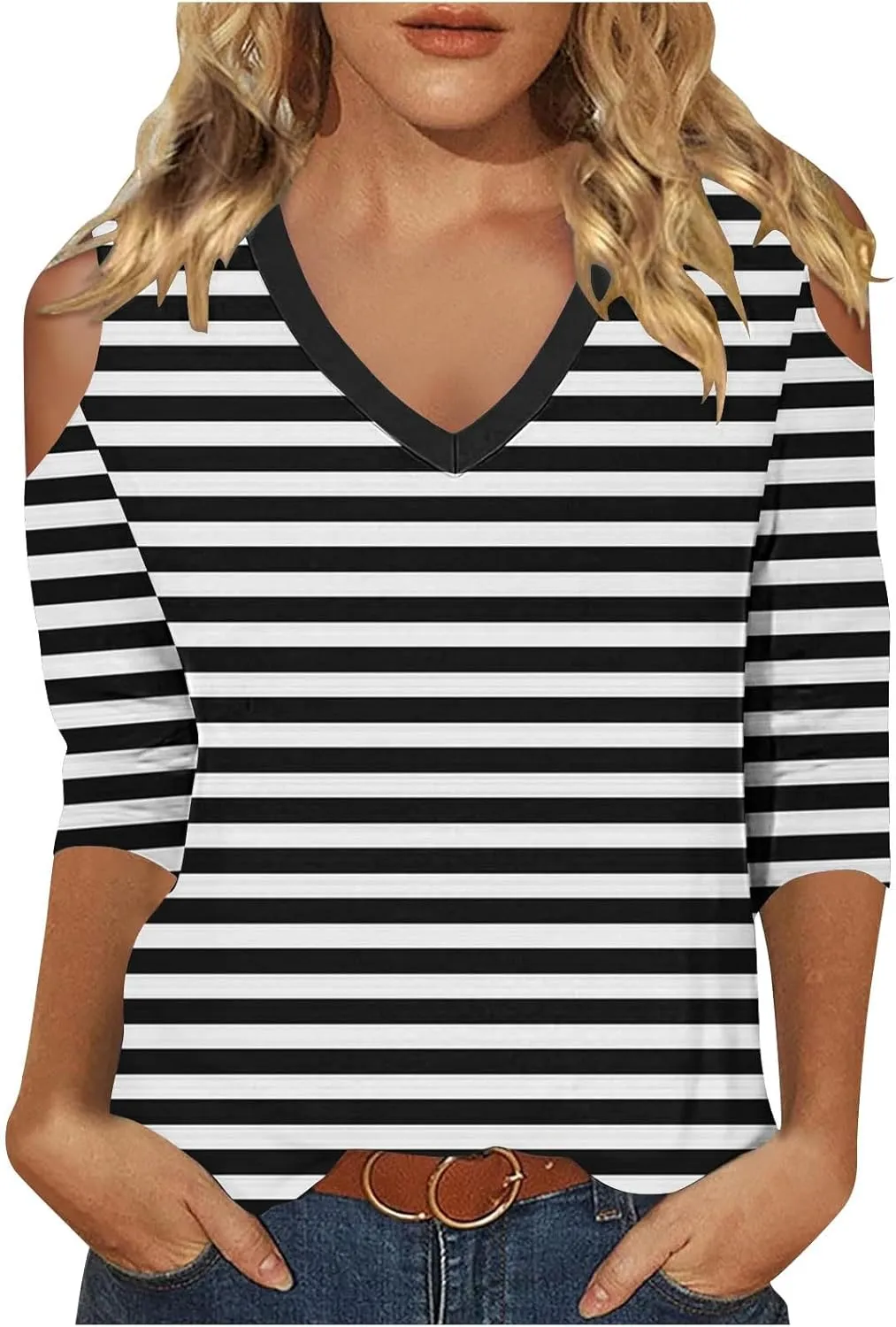 Cold Shoulder Tops for Women Summer Casual Off Shoulder Shirts Stripes Printed 3/4 Sleeve Tunics Loose Blouses