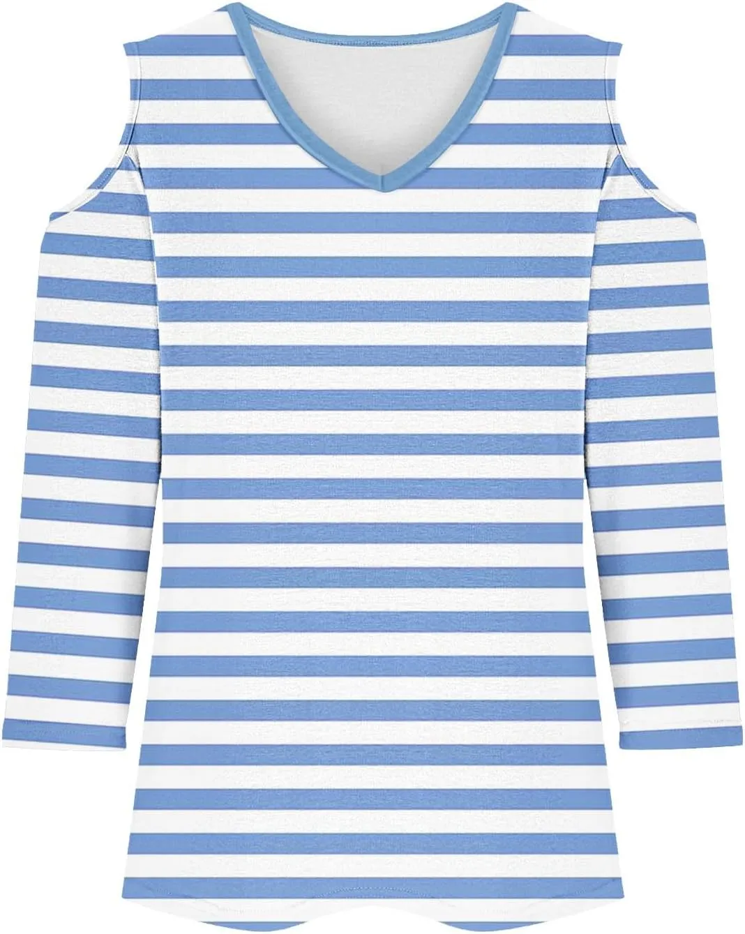 Cold Shoulder Tops for Women Summer Casual Off Shoulder Shirts Stripes Printed 3/4 Sleeve Tunics Loose Blouses