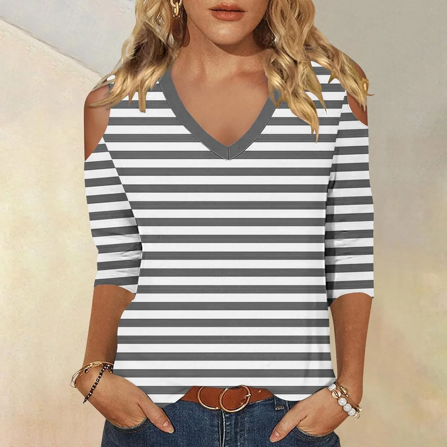 Cold Shoulder Tops for Women Summer Casual Off Shoulder Shirts Stripes Printed 3/4 Sleeve Tunics Loose Blouses
