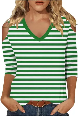 Cold Shoulder Tops for Women Summer Casual Off Shoulder Shirts Stripes Printed 3/4 Sleeve Tunics Loose Blouses