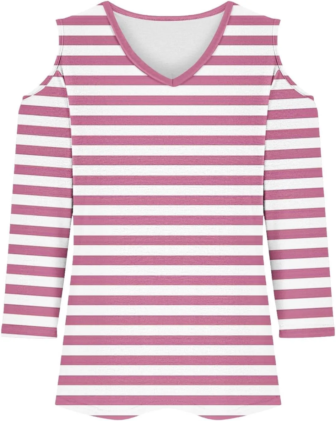 Cold Shoulder Tops for Women Summer Casual Off Shoulder Shirts Stripes Printed 3/4 Sleeve Tunics Loose Blouses