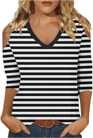Cold Shoulder Tops for Women Summer Casual Off Shoulder Shirts Stripes Printed 3/4 Sleeve Tunics Loose Blouses