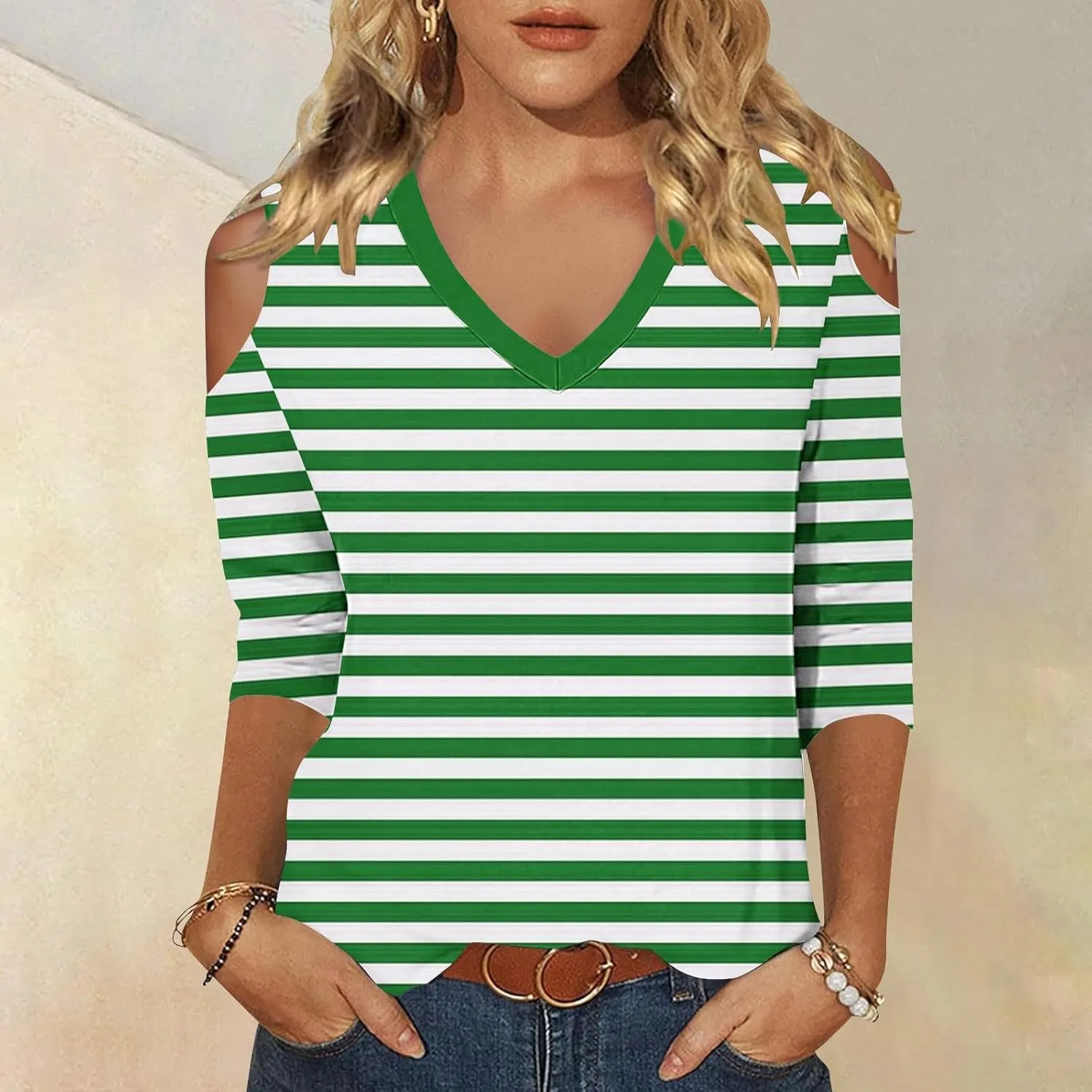 Cold Shoulder Tops for Women Summer Casual Off Shoulder Shirts Stripes Printed 3/4 Sleeve Tunics Loose Blouses