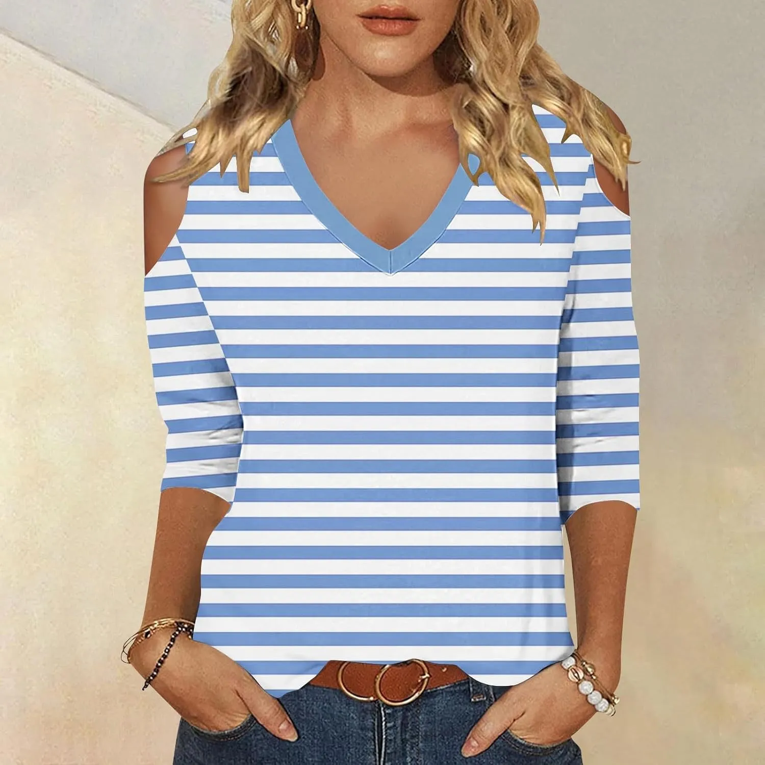 Cold Shoulder Tops for Women Summer Casual Off Shoulder Shirts Stripes Printed 3/4 Sleeve Tunics Loose Blouses