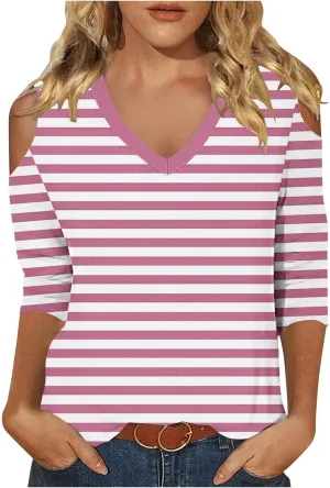 Cold Shoulder Tops for Women Summer Casual Off Shoulder Shirts Stripes Printed 3/4 Sleeve Tunics Loose Blouses
