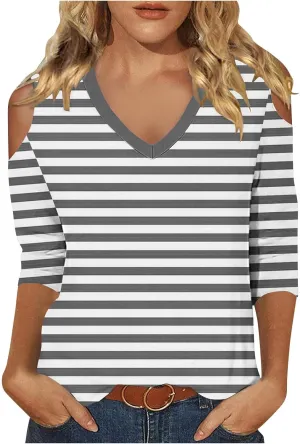 Cold Shoulder Tops for Women Summer Casual Off Shoulder Shirts Stripes Printed 3/4 Sleeve Tunics Loose Blouses