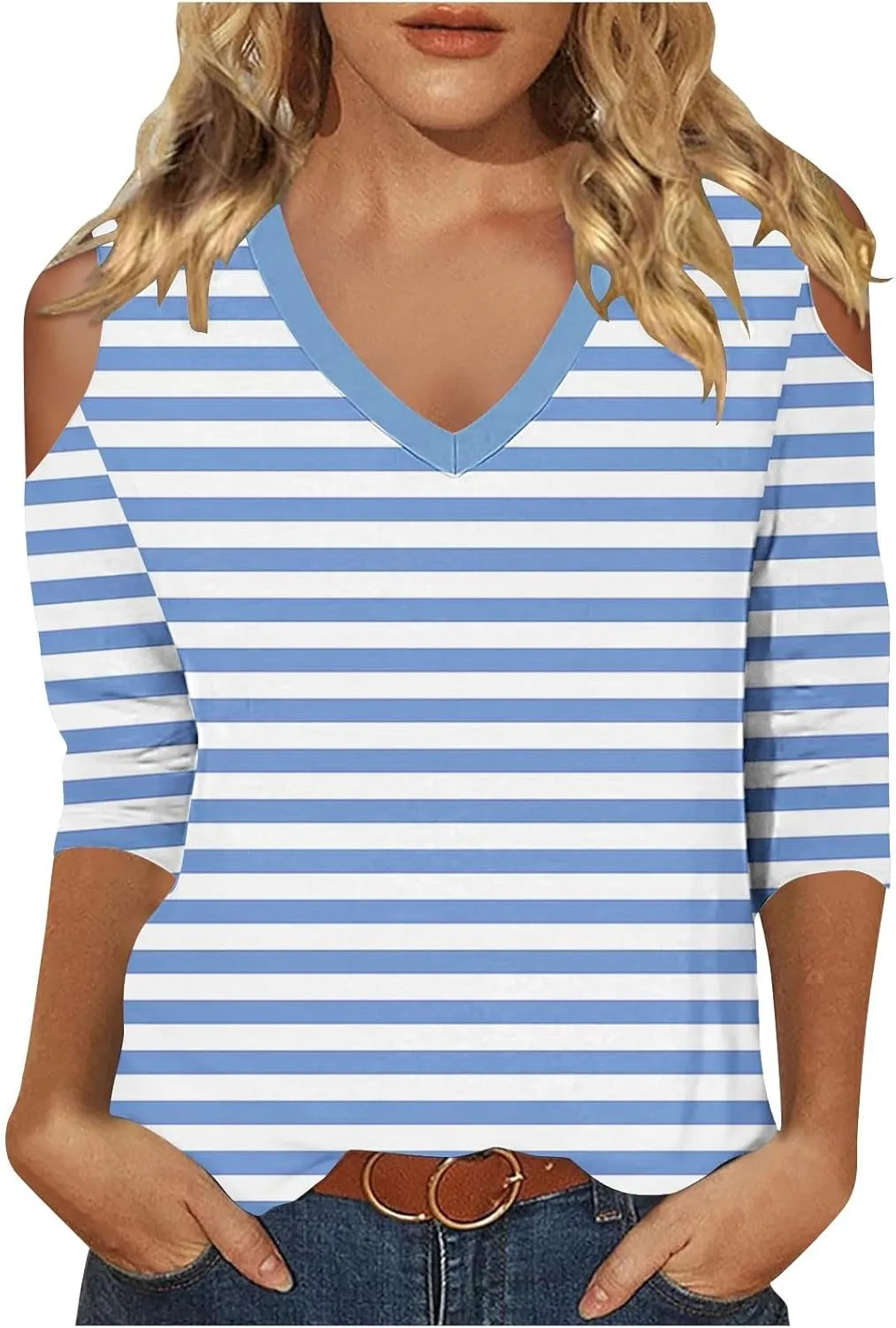 Cold Shoulder Tops for Women Summer Casual Off Shoulder Shirts Stripes Printed 3/4 Sleeve Tunics Loose Blouses