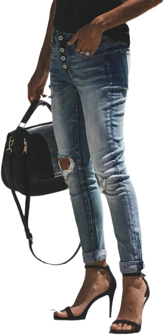cordat Women's Ripped Boyfriend Denim Pants Judy Blue Stretch Skinny Jeans