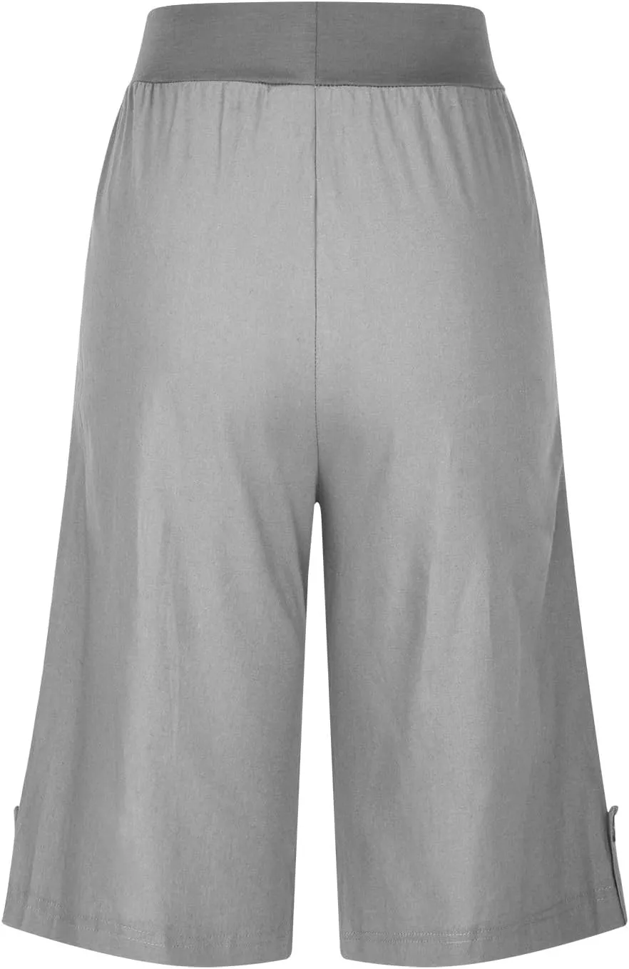 Cotton Bermuda Shorts for Women Knee Length Elastic High Waisted Shorts Plus Size Workout Casual Summer Beach Shorts