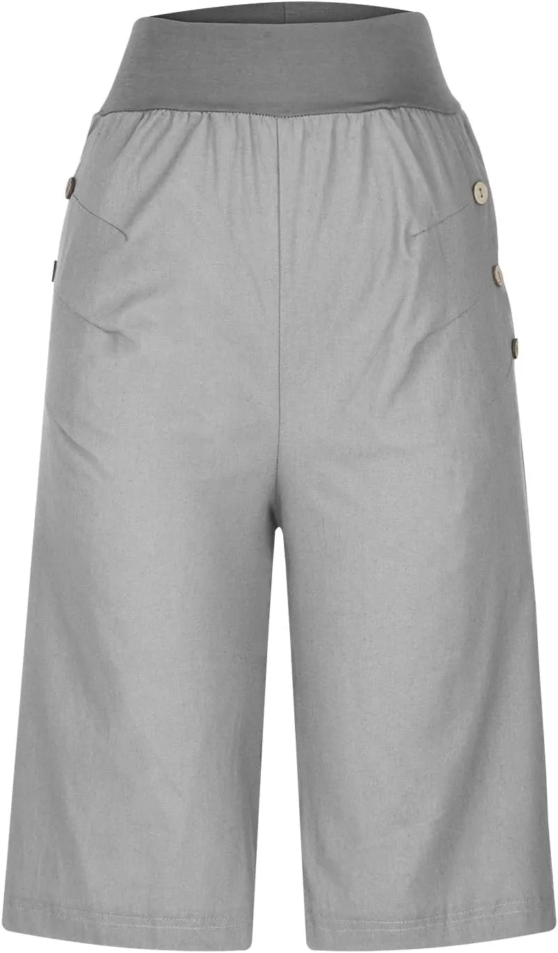 Cotton Bermuda Shorts for Women Knee Length Elastic High Waisted Shorts Plus Size Workout Casual Summer Beach Shorts