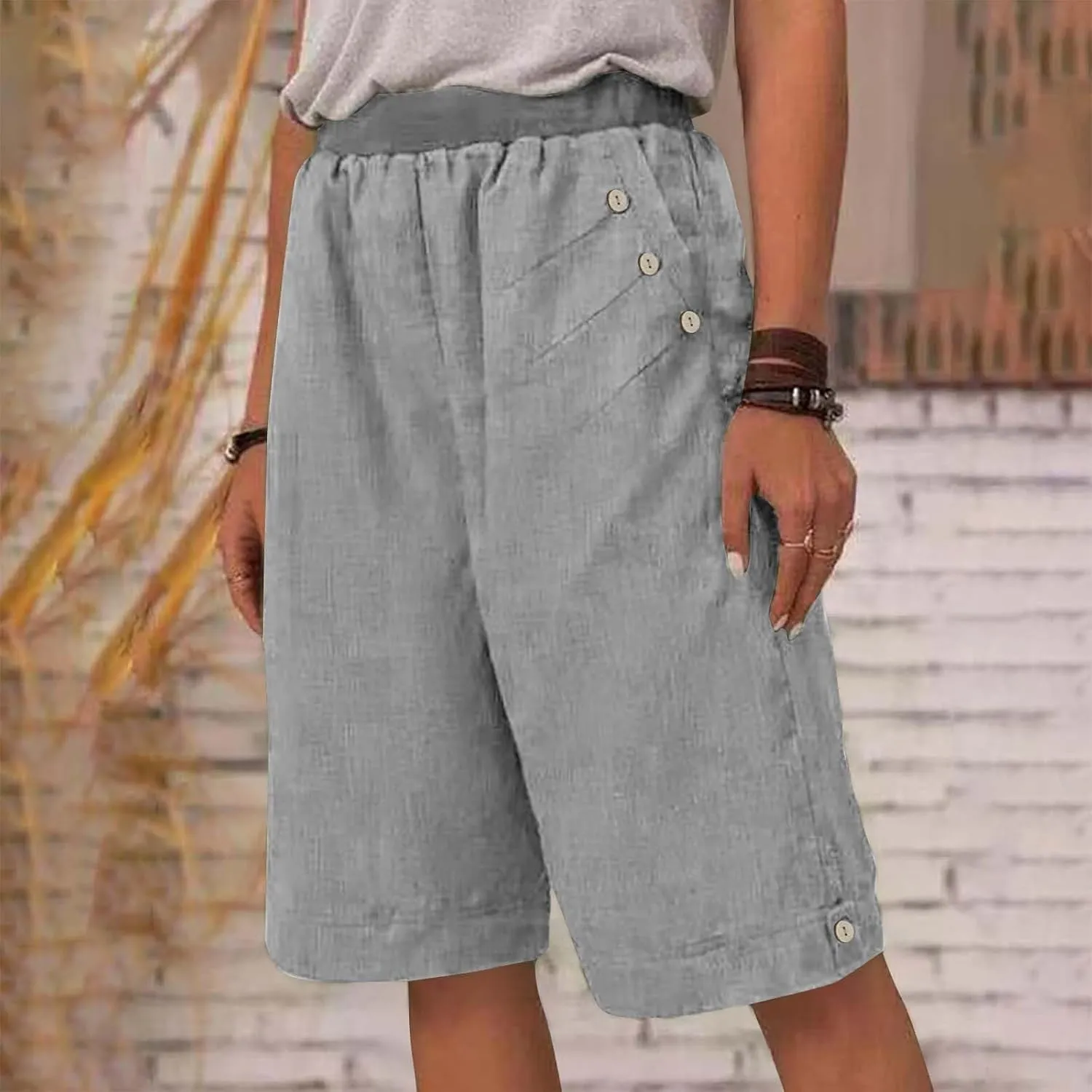 Cotton Bermuda Shorts for Women Knee Length Elastic High Waisted Shorts Plus Size Workout Casual Summer Beach Shorts