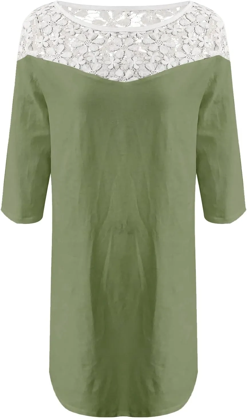 Cotton Linen Dress for Women,Summer Trendy Lace Patchwork Midi Dress Casual Crewneck Short Sleeve Plain Beach Dress