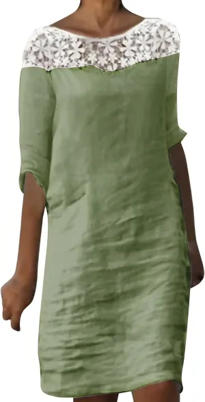 Cotton Linen Dress for Women,Summer Trendy Lace Patchwork Midi Dress Casual Crewneck Short Sleeve Plain Beach Dress