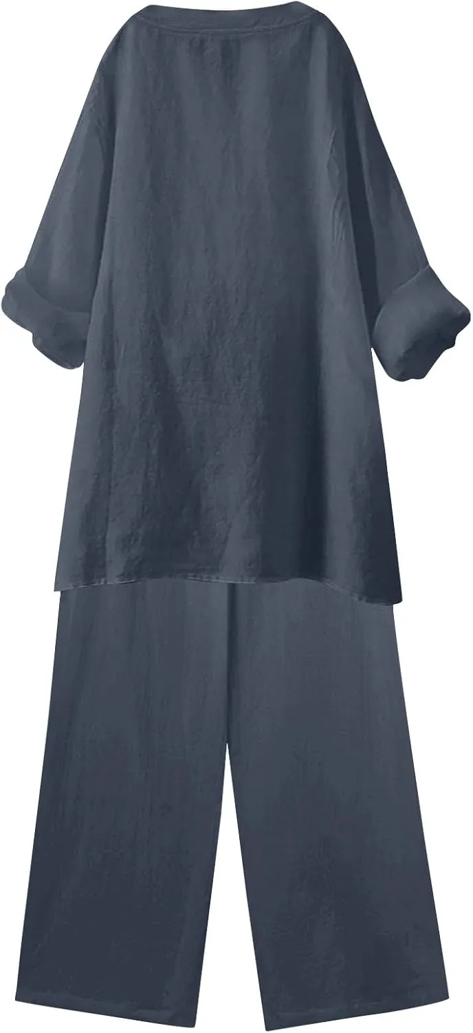 Cotton Linen Sets for Women 2 Piece Long Sleeve Button Shirts & Wide Leg Trousers Loose Dressy Matching Set Outfits