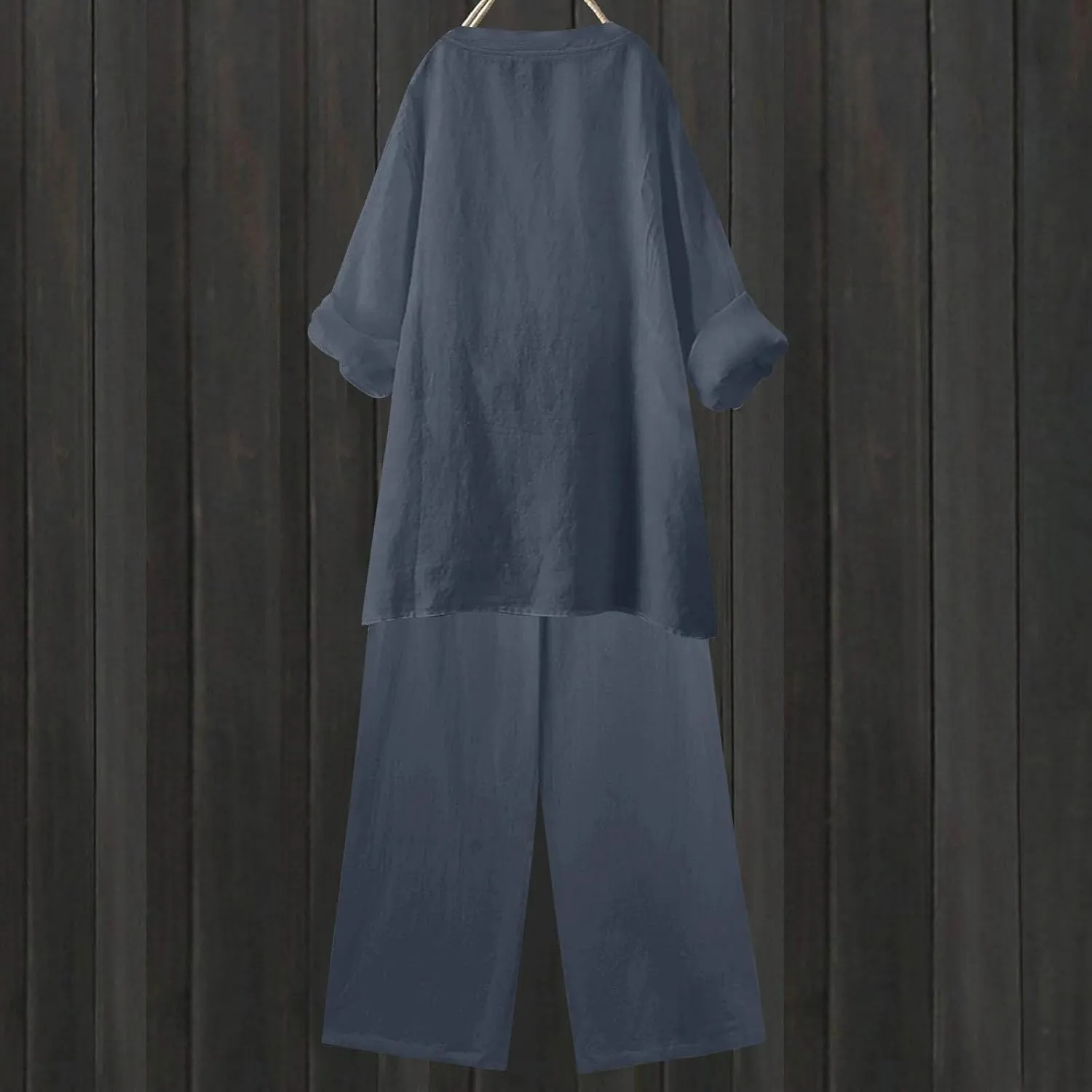 Cotton Linen Sets for Women 2 Piece Long Sleeve Button Shirts & Wide Leg Trousers Loose Dressy Matching Set Outfits