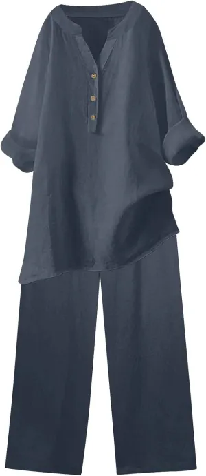 Cotton Linen Sets for Women 2 Piece Long Sleeve Button Shirts & Wide Leg Trousers Loose Dressy Matching Set Outfits