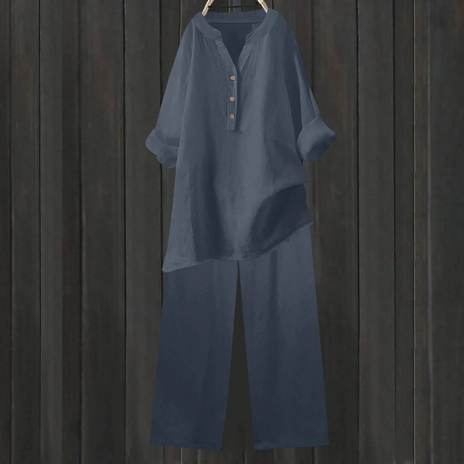 Cotton Linen Sets for Women 2 Piece Long Sleeve Button Shirts & Wide Leg Trousers Loose Dressy Matching Set Outfits