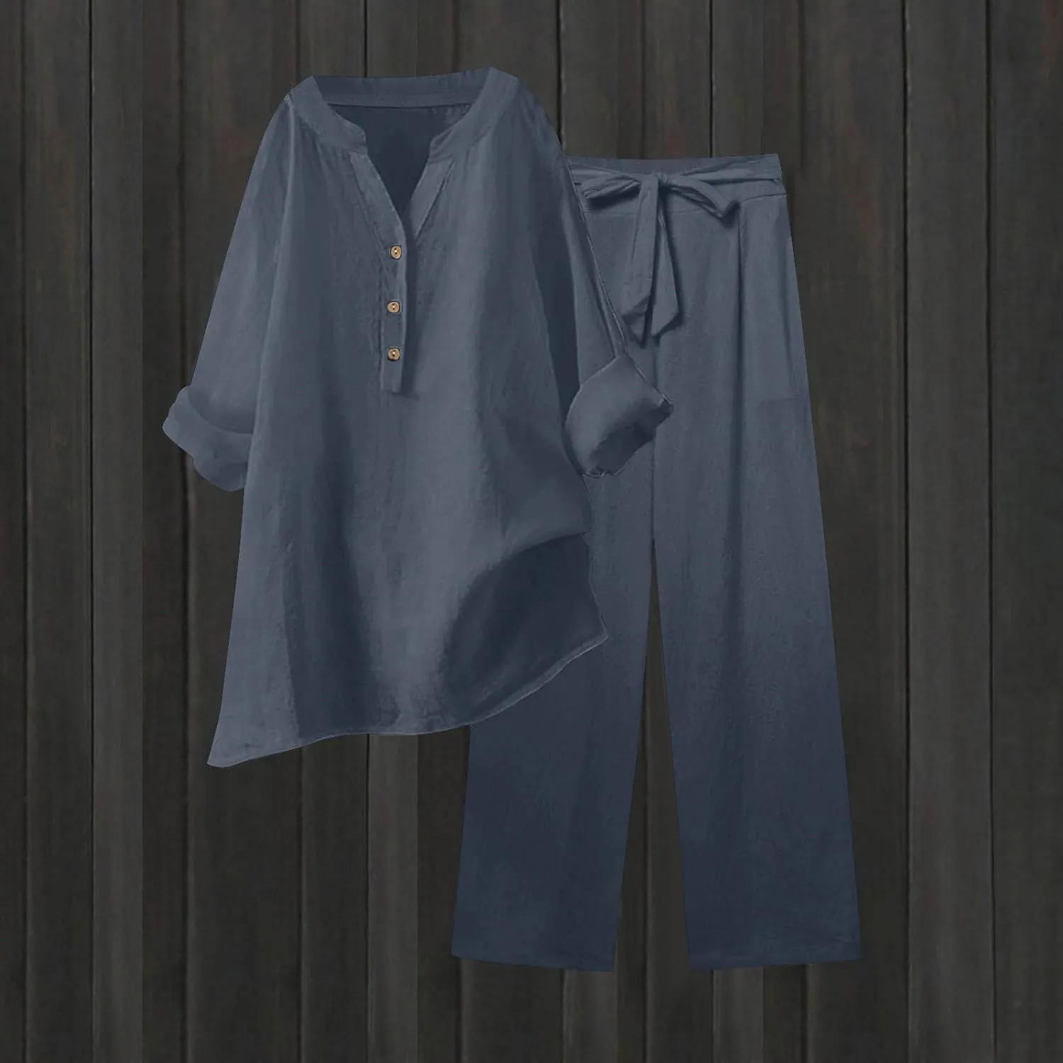 Cotton Linen Sets for Women 2 Piece Long Sleeve Button Shirts & Wide Leg Trousers Loose Dressy Matching Set Outfits