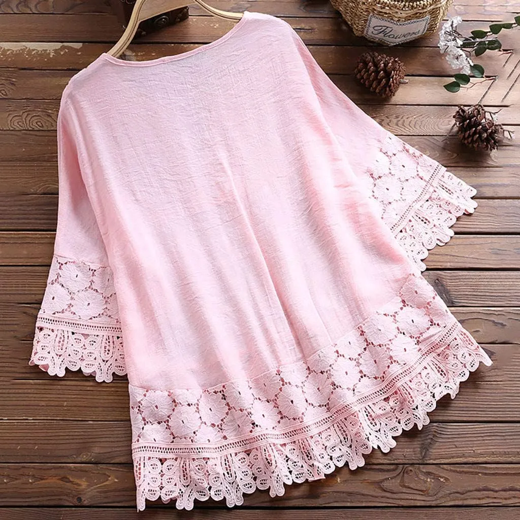 Cotton Linen Shirts for Women Lace Crochet Floral Embroidery Flowy Tops 3/4 Sleeve Blouse Loose Boho Peasant T-Shirt
