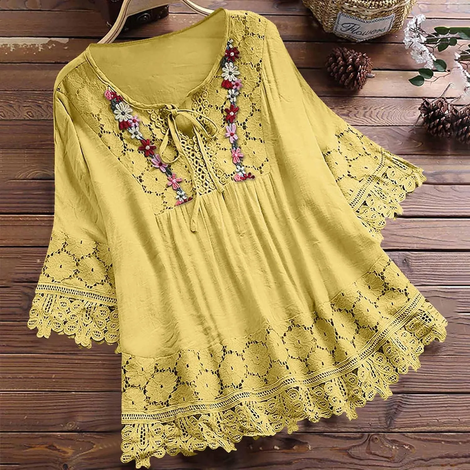 Cotton Linen Shirts for Women Lace Crochet Floral Embroidery Flowy Tops 3/4 Sleeve Blouse Loose Boho Peasant T-Shirt