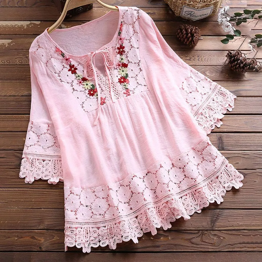 Cotton Linen Shirts for Women Lace Crochet Floral Embroidery Flowy Tops 3/4 Sleeve Blouse Loose Boho Peasant T-Shirt