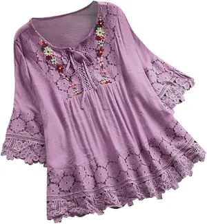 Cotton Linen Shirts for Women Lace Crochet Floral Embroidery Flowy Tops 3/4 Sleeve Blouse Loose Boho Peasant T-Shirt