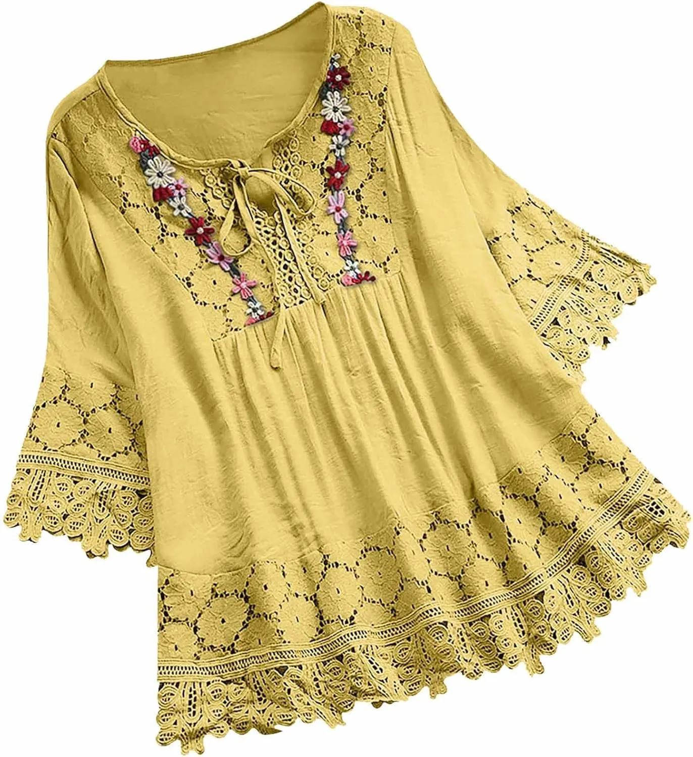 Cotton Linen Shirts for Women Lace Crochet Floral Embroidery Flowy Tops 3/4 Sleeve Blouse Loose Boho Peasant T-Shirt