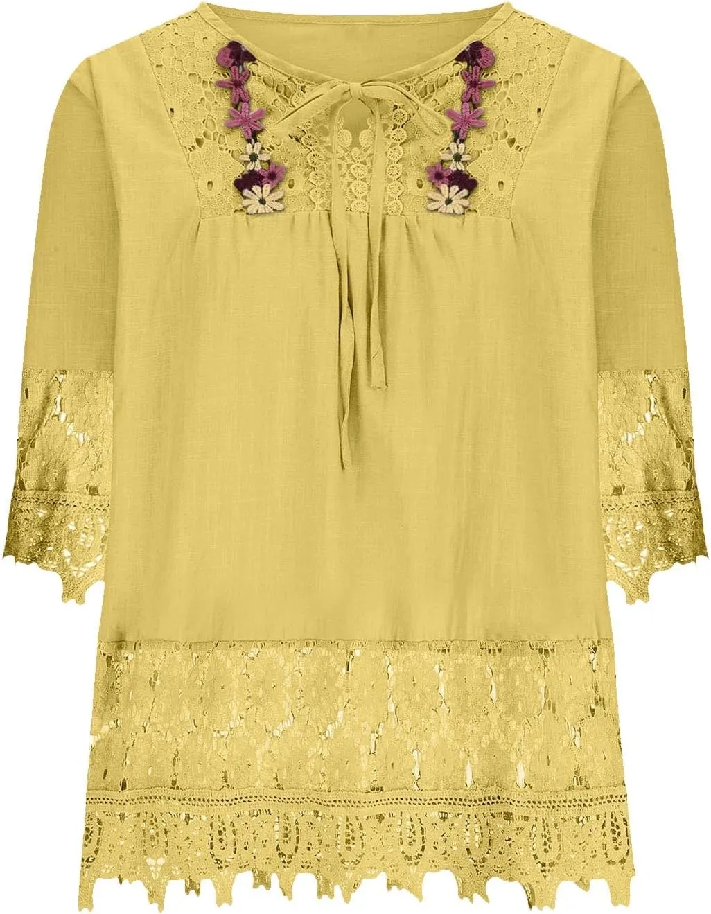 Cotton Linen Shirts for Women Lace Crochet Floral Embroidery Flowy Tops 3/4 Sleeve Blouse Loose Boho Peasant T-Shirt