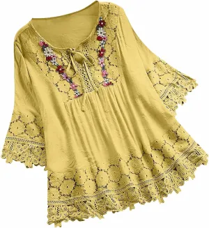Cotton Linen Shirts for Women Lace Crochet Floral Embroidery Flowy Tops 3/4 Sleeve Blouse Loose Boho Peasant T-Shirt