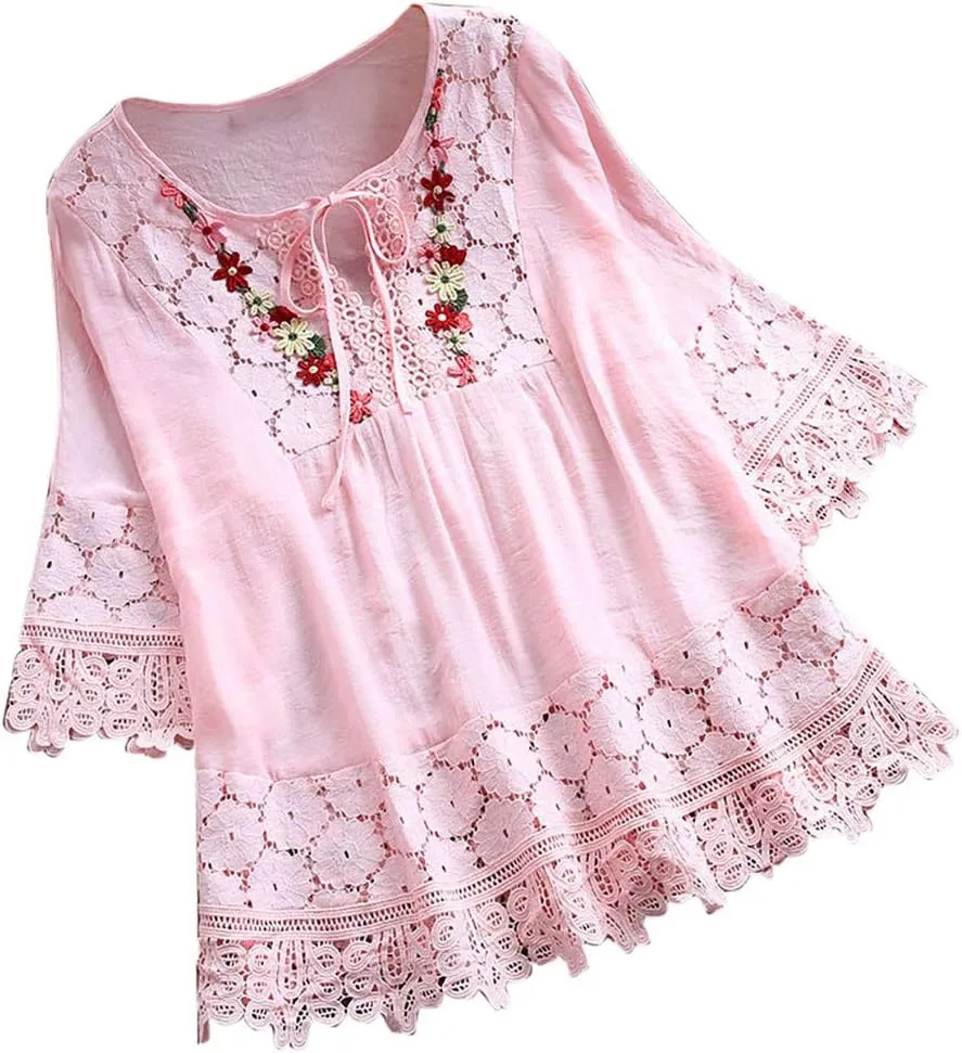 Cotton Linen Shirts for Women Lace Crochet Floral Embroidery Flowy Tops 3/4 Sleeve Blouse Loose Boho Peasant T-Shirt