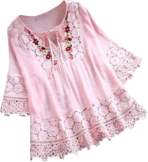 Cotton Linen Shirts for Women Lace Crochet Floral Embroidery Flowy Tops 3/4 Sleeve Blouse Loose Boho Peasant T-Shirt