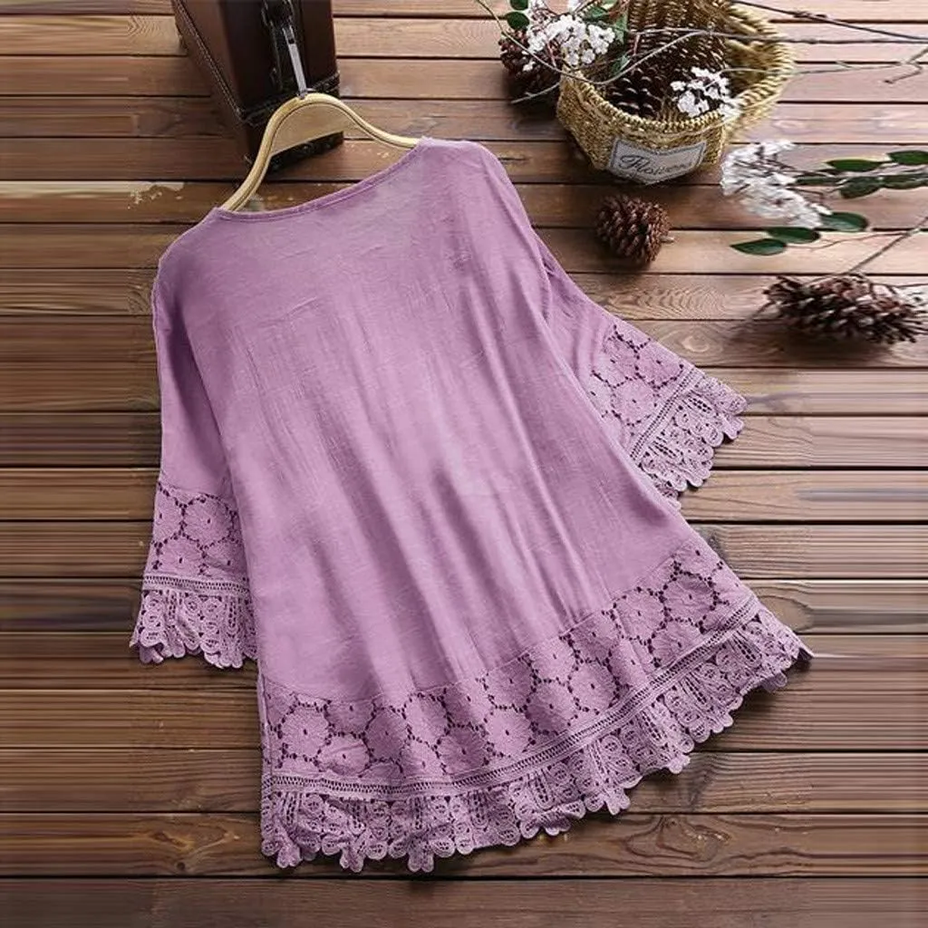 Cotton Linen Shirts for Women Lace Crochet Floral Embroidery Flowy Tops 3/4 Sleeve Blouse Loose Boho Peasant T-Shirt