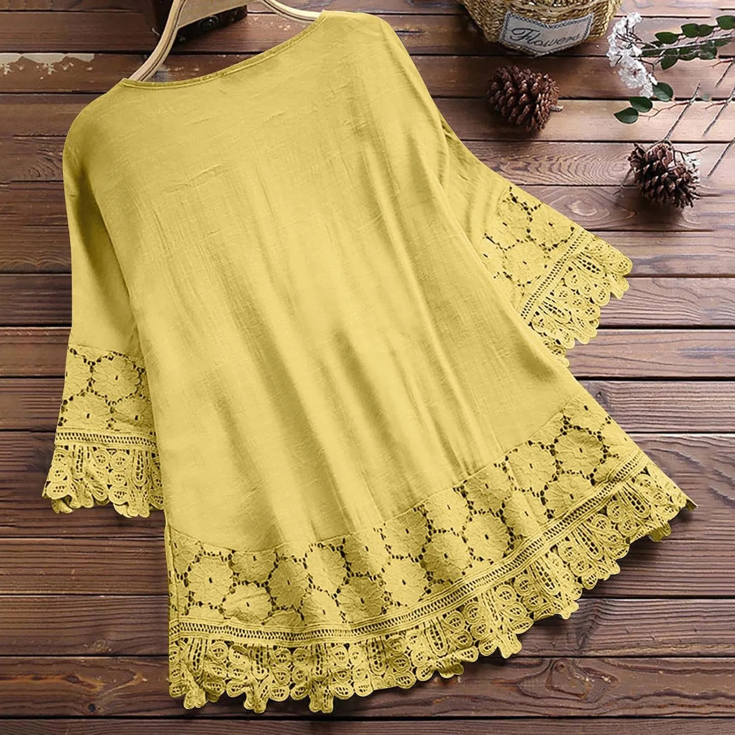 Cotton Linen Shirts for Women Lace Crochet Floral Embroidery Flowy Tops 3/4 Sleeve Blouse Loose Boho Peasant T-Shirt