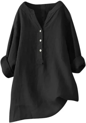 Cotton Linen Shirts for Women Long Sleeve V Neck Button Down Tops Casual Loose Blouses Summer Beach Vacation Clothes