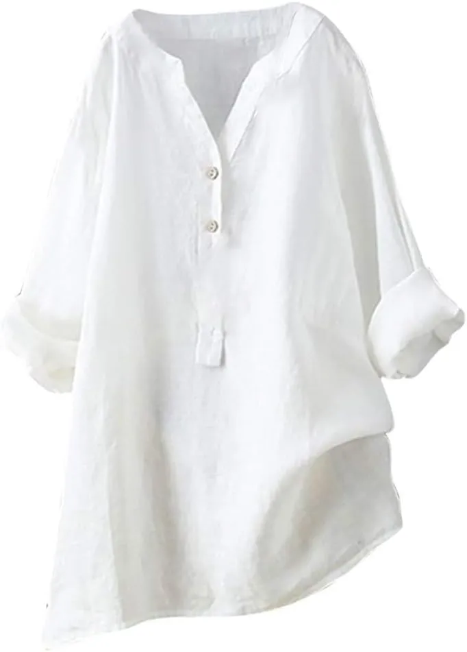 Cotton Linen Shirts for Women Long Sleeve V Neck Button Down Tops Casual Loose Blouses Summer Beach Vacation Clothes