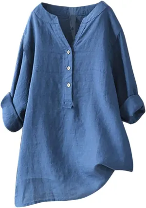 Cotton Linen Shirts for Women Long Sleeve V Neck Button Down Tops Casual Loose Blouses Summer Beach Vacation Clothes