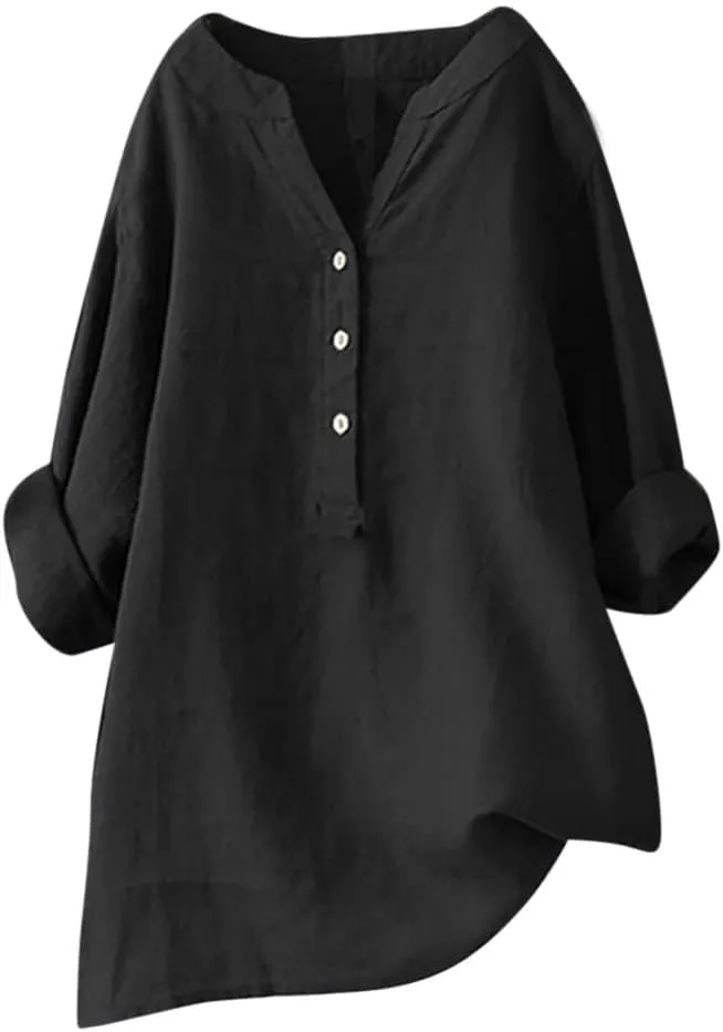 Cotton Linen Shirts for Women Long Sleeve V Neck Button Down Tops Casual Loose Blouses Summer Beach Vacation Clothes