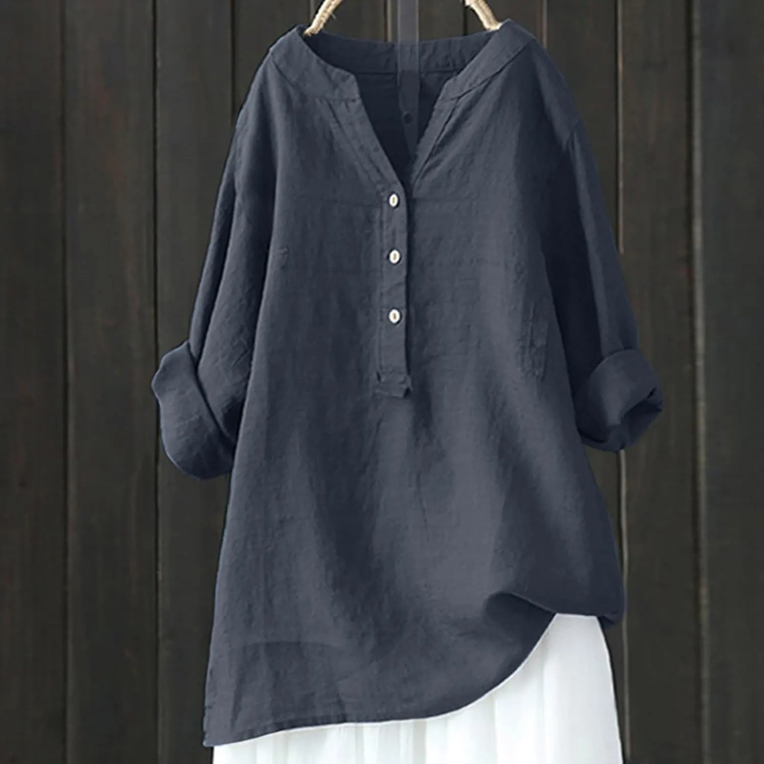 Cotton Linen Shirts for Women Long Sleeve V Neck Button Down Tops Casual Loose Blouses Summer Beach Vacation Clothes