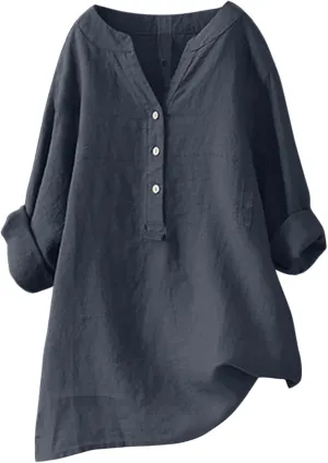 Cotton Linen Shirts for Women Long Sleeve V Neck Button Down Tops Casual Loose Blouses Summer Beach Vacation Clothes